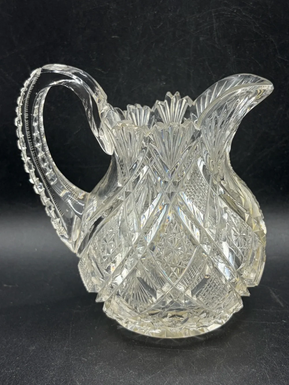TW Signed Vintage Cut Crystal Jug Pitcher Creamer Pourer Vessel Tableware Decor